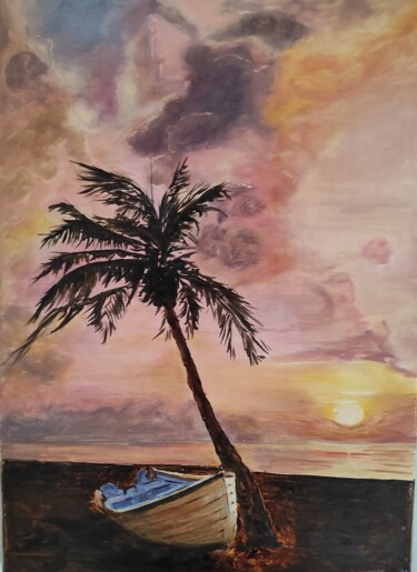 Peinture intitulée "Coucher de soleil à…" par Pascal Bourgouin, Œuvre d'art originale, Huile