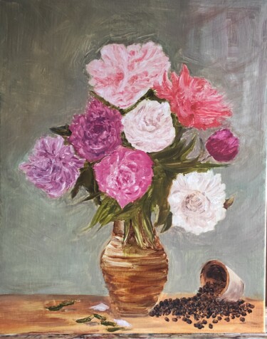 Painting titled "Pivoines" by Pascal Bourgouin, Original Artwork, Oil