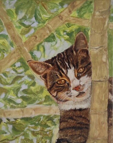 Painting titled "CHAT BAMBOU" by Pascal Bourgouin, Original Artwork, Oil