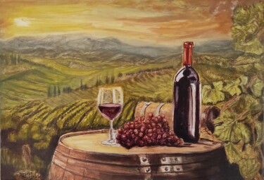 Painting titled "Vignes" by Pascal Bourgouin, Original Artwork, Oil Mounted on Wood Stretcher frame