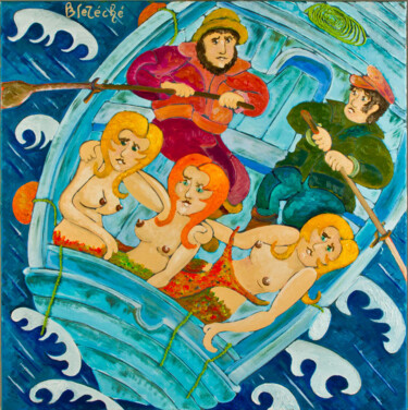 Картина под названием "Trois sirènes embar…" - Pascal Breteche, Подлинное произведение искусства, Масло Установлен на Деревя…