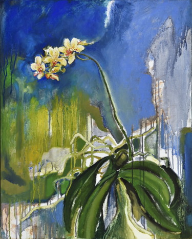 Schilderij getiteld "Orchid I" door Pascal Buffard, Origineel Kunstwerk, Olie Gemonteerd op Frame voor houten brancard
