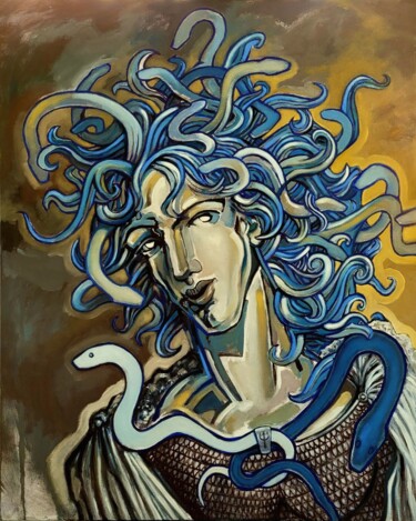 Painting titled "Medusa II" by Pascal Buffard, Original Artwork, Oil Mounted on Wood Stretcher frame