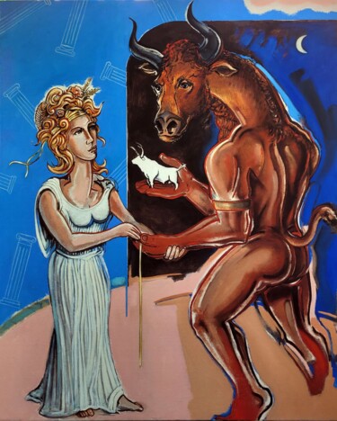 Painting titled "Ariane et le Minota…" by Pascal Buffard, Original Artwork, Oil Mounted on Wood Stretcher frame