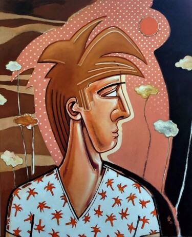 Картина под названием "Homme Palmier" - Pascal Buffard, Подлинное произведение искусства, Масло Установлен на Деревянная рам…