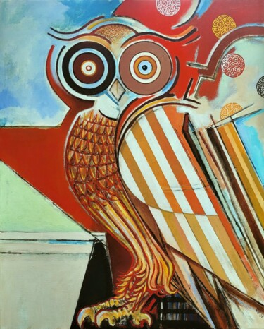Painting titled "owl III" by Pascal Buffard, Original Artwork, Acrylic Mounted on Wood Stretcher frame