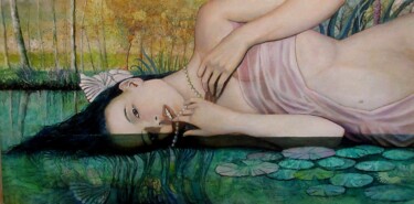 Painting titled "Ophelie" by Pascal Dugourd, Original Artwork, Oil Mounted on Wood Stretcher frame