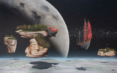 Painting titled "Lune Aride" by Pascal Genevois, Original Artwork, Acrylic Mounted on Wood Stretcher frame