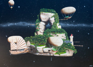 Schilderij getiteld "Astroport" door Pascal Genevois, Origineel Kunstwerk, Acryl Gemonteerd op Frame voor houten brancard