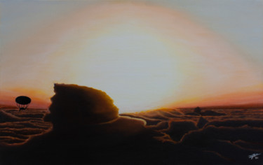 「Nuages Orange」というタイトルの絵画 Pascal Genevoisによって, オリジナルのアートワーク, オイル ウッドストレッチャーフレームにマウント
