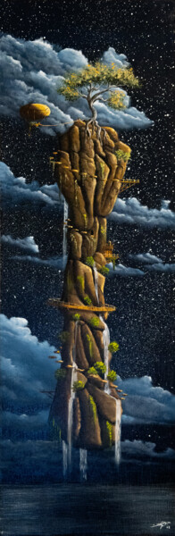 Painting titled "Le menhir" by Pascal Genevois, Original Artwork, Oil Mounted on Wood Stretcher frame