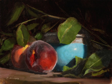 Peinture intitulée "Pêches et pot bleu" par Pascal Giroud, Œuvre d'art originale, Huile