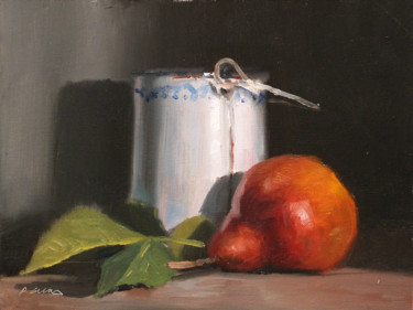 Painting titled "Poire et pot en mét…" by Pascal Giroud, Original Artwork, Oil