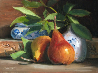 Painting titled "Poires et pot en po…" by Pascal Giroud, Original Artwork, Oil
