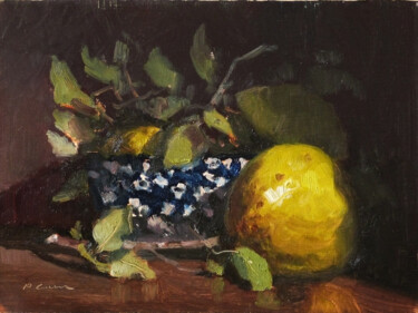 Coing et bol bleu Peinture intitulée "Coing et bol bleu" par Pascal Giroud, Œuvre d'art originale, Huile