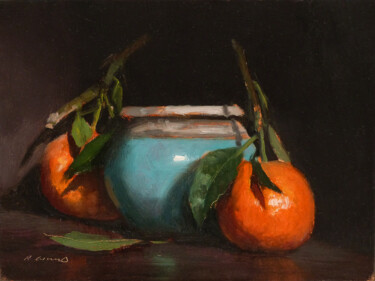 Clémentines et pot bleu Peinture intitulée "Clémentines et pot…" par Pascal Giroud, Œuvre d'art originale, Huile