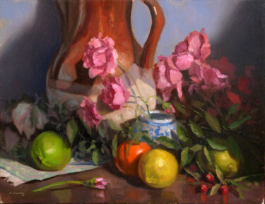 Painting titled "Citrons, Roses et P…" by Pascal Giroud, Original Artwork, Oil