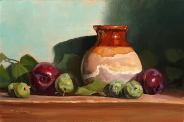 Pintura intitulada "Prunes et Pichet" por Pascal Giroud, Obras de arte originais, Óleo