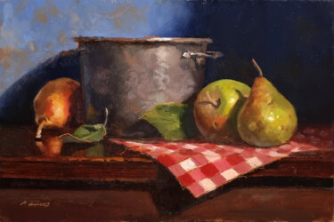 Painting titled "Poires et Pomme" by Pascal Giroud, Original Artwork, Oil