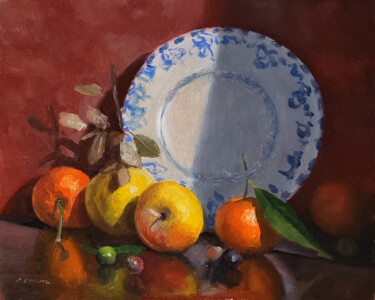 Peinture intitulée "Porcelaine et Fruits" par Pascal Giroud, Œuvre d'art originale, Huile