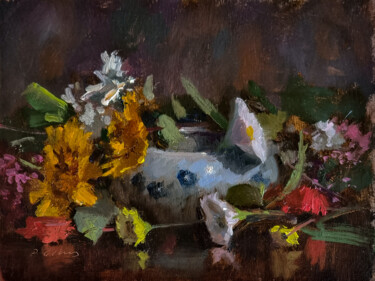 Painting titled "Fleurs et Porcelaine" by Pascal Giroud, Original Artwork, Oil
