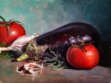 Malerei mit dem Titel "Aubergine et Tomates" von Pascal Giroud, Original-Kunstwerk, Öl