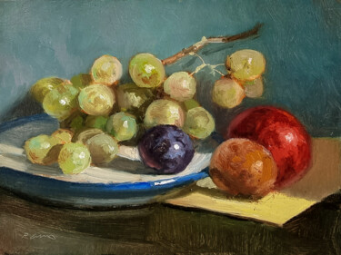 Painting titled "Grapes and Plums" by Pascal Giroud, Original Artwork, Oil