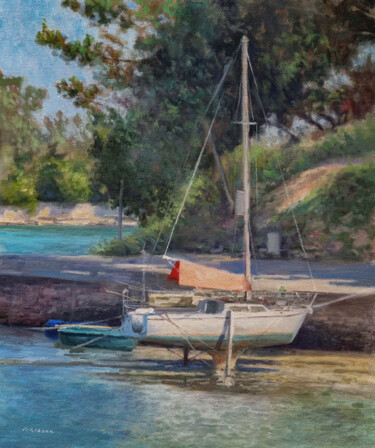 Painting titled "Sailboat at Port An…" by Pascal Giroud, Original Artwork, Oil