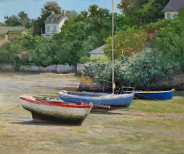 Schilderij getiteld "3 Barques sur l'Ile…" door Pascal Giroud, Origineel Kunstwerk, Olie