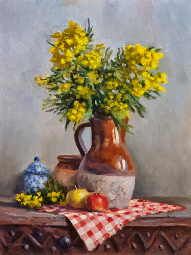 Pintura intitulada "Mimosas et Pichet" por Pascal Giroud, Obras de arte originais, Óleo