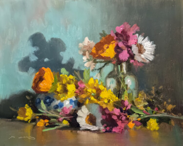 Painting titled "Flowers in a Bottle" by Pascal Giroud, Original Artwork, Oil