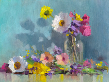 Peinture intitulée "Fleurs et Turquoise" par Pascal Giroud, Œuvre d'art originale, Huile