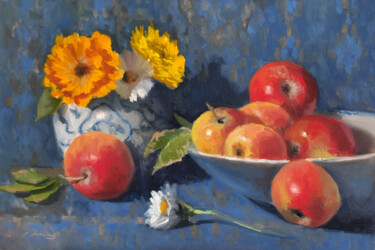Painting titled "Pommes et Fleurs" by Pascal Giroud, Original Artwork, Oil