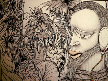 Σχέδιο με τίτλο "Sokoto" από Pascal Héranval, Αυθεντικά έργα τέχνης, Μελάνι Τοποθετήθηκε στο Ξύλινο φορείο σκελετό