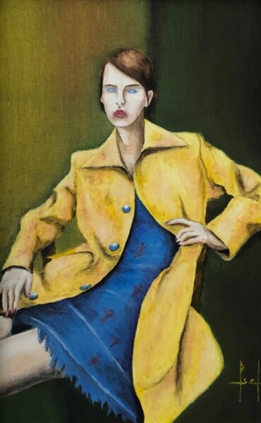 Painting titled "The yellow coat" by Pascal Herve, Original Artwork, Oil Mounted on Wood Stretcher frame