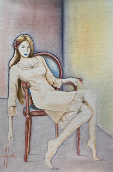 Painting titled "Lili s’ennuie" by Pascal Herve, Original Artwork, Oil Mounted on Wood Stretcher frame