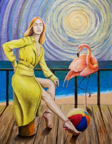 Pintura intitulada "Psychedelic Flamingo" por Pascal Herve, Obras de arte originais, Óleo Montado em Armação em madeira