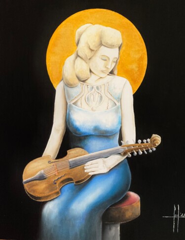 Painting titled "La Madonna con la V…" by Pascal Herve, Original Artwork, Oil Mounted on Wood Stretcher frame