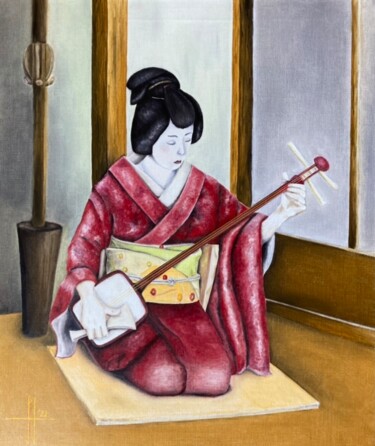 Painting titled "Alone in Kyoto" by Pascal Herve, Original Artwork, Oil Mounted on Wood Stretcher frame