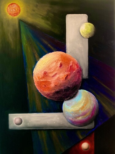 Painting titled "Pluto System" by Pascal Herve, Original Artwork, Oil Mounted on Wood Stretcher frame