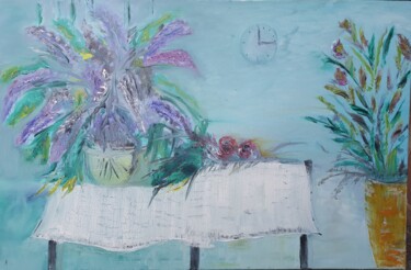 Painting titled "le sofa aux fleurs" by Pascal Jung, Original Artwork, Oil