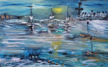 Pintura intitulada "boats in bay" por Pascal Jung, Obras de arte originais, Óleo