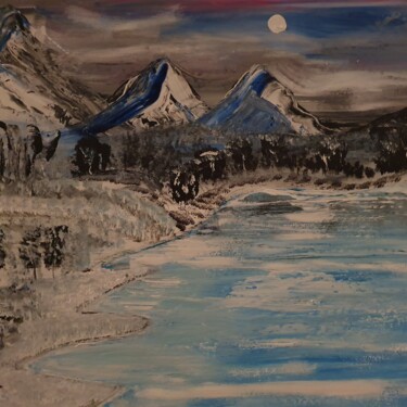 Painting titled "LAC  ON MONTAIN" by Pascal Jung, Original Artwork, Acrylic Mounted on Wood Stretcher frame