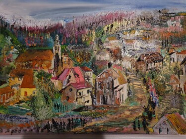 Malerei mit dem Titel "Le village en monta…" von Pascal Jung, Original-Kunstwerk, Öl