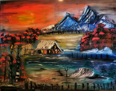 Картина под названием "cabin in vallee" - Pascal Jung, Подлинное произведение искусства, Масло