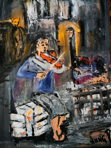 Pittura intitolato "violoniste de rue" da Pascal Jung, Opera d'arte originale, Olio