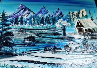 Painting titled "cabin in winter" by Pascal Jung, Original Artwork, Oil