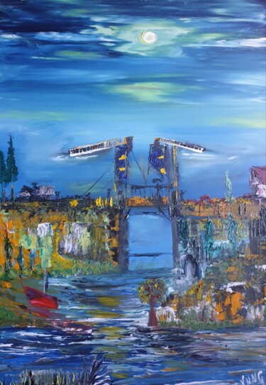 Painting titled "LE PONT" by Pascal Jung, Original Artwork, Oil