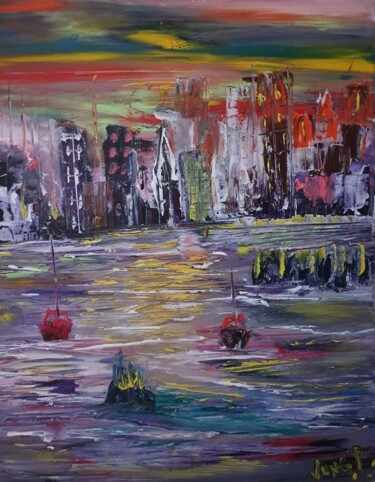 Картина под названием "boats  on waiting a…" - Pascal Jung, Подлинное произведение искусства, Масло