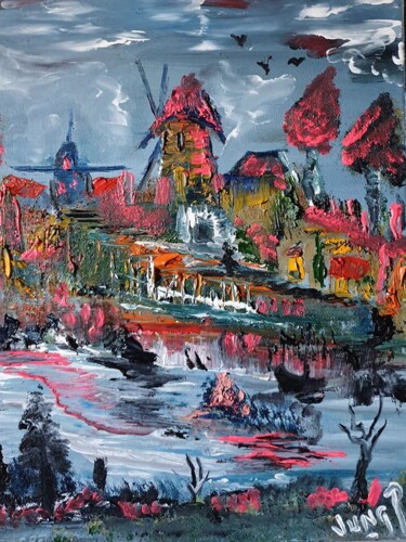 Painting titled "Le moulin paisible" by Pascal Jung, Original Artwork, Oil